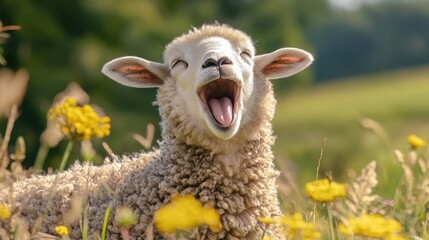 Obraz premium Sheep in flower grass field in Spring.