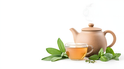 warm and inviting tea setting with rustic ceramic teapot, fresh herbs, and steaming cup of tea. Perfect for relaxation and enjoyment