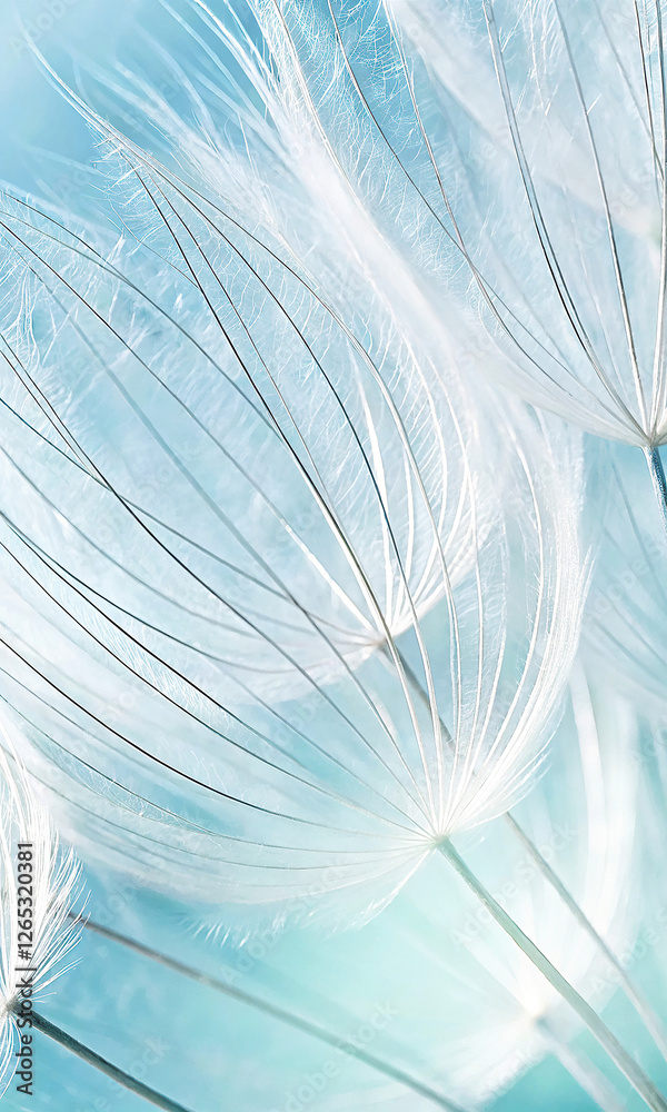 Poster light blue abstract background with dandelion flower seeds, close-up with soft focus, beautiful deta