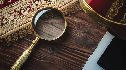 A magnifying glass lies on a carpet on a wooden floor next to a phone and a laptop.