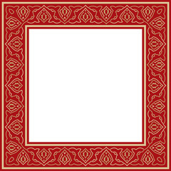 Vector gold with red square Turkish national ornament. Ottoman border, frame. Ethnic floral rectangle, Seljuk Turks pattern. Decoration of the Sultan's palaces