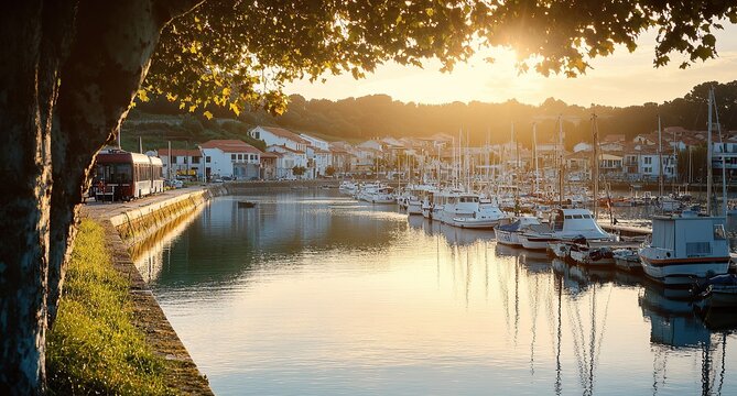 A photograph of the picturesque port town in Moal, El Lugo. The marina's clear waters