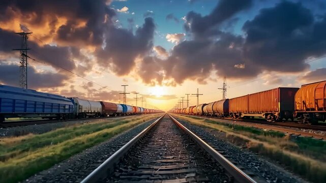 Freight trains on parallel tracks at sunset. Industrial railway transportation concept representing logistics, cargo shipping, and supply chain. A scenic view of rail transport in a global economy