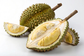 Durian Delight: A whole durian and several segments showcasing the creamy, custard-like texture and vibrant yellow flesh of this exotic fruit. The spiky exterior contrasts beautifully with the smooth.