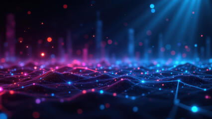 Obraz premium An abstract digital art illustration featuring a vibrant grid-like pattern with colorful glowing particles that suggest a network or cloud computing environment.