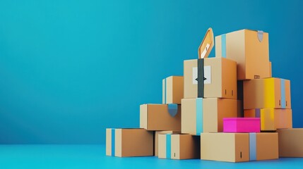 Fototapeta premium Cardboard boxes stacked, blue background, delivery