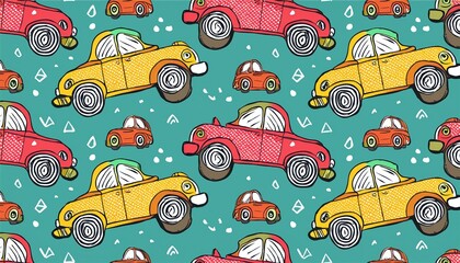 Car pattern. Doodle sketch style seamless background. Hand drawn toy car perfect any project for baby texture, print.