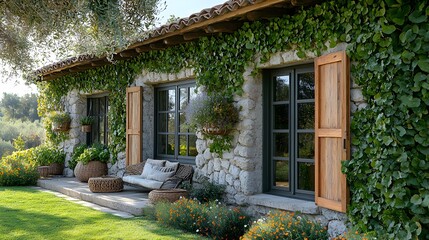 Fototapeta premium Sustainable home facade featuring reclaimed stone walls, wooden shutters, and vertical greenery with copy space