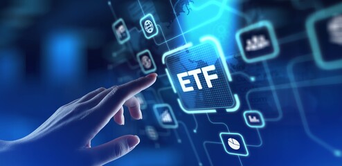 Fototapeta premium ETF Exchange-Traded Fund Investment Strategy, projection on a virtual screen, Business and Technology Concept.