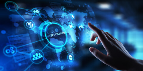 Investigation Analyzing and Uncovering Facts, projection on a virtual screen, Business and Technology Concept.