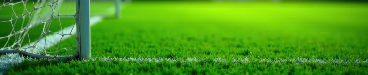Fototapeta premium Close-up of goal net and white lines on a vibrant green soccer field , texture, grass, field