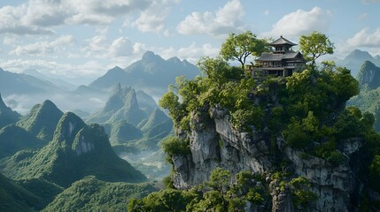 Asian Temple Perched on Lush Mountaintop Cliffside