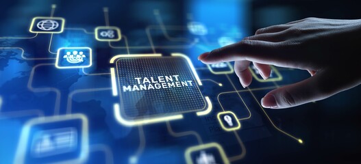 Talent Management Developing and Retaining Skilled Workforce, projection on a virtual screen, Business and Technology Concept.