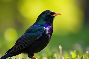 Fototapeta premium Close-up of male blackbird's iridescent plumage, spring sunlight , yellow beak, black