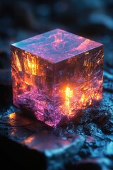 Glowing crystal cube rests on dark surface
