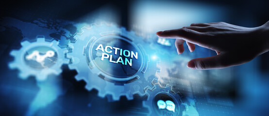 Action plan business strategy development concept on virtual screen.