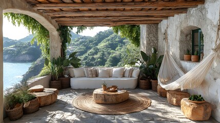Fototapeta premium Outdoor terrace with upcycled furniture, natural woven hammocks, and handcrafted stone planters with copy space