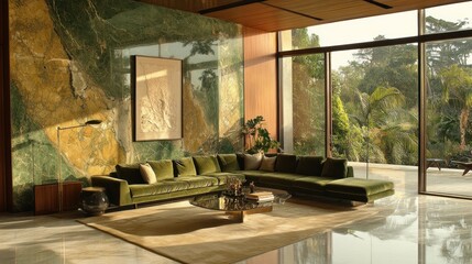 Luxurious green sofa in modern villa living room