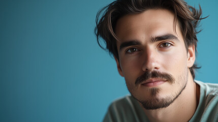 Fototapeta premium Junger Mann mit Schnurrbart vor blauem Studiohintergrund, Generative AI