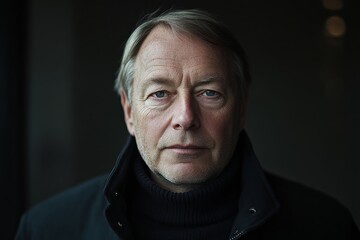 Obraz premium Portrait of a mature man with thoughtful expression in dimly lit indoor setting