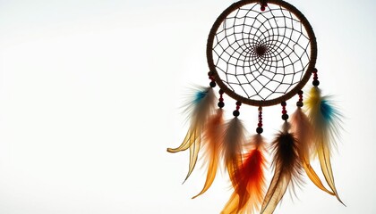 Obraz premium Dreamcatcher with colorful feathers and intricate web design for calm and mystical experience