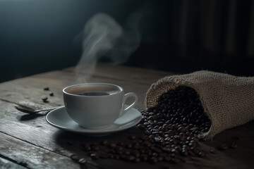 A steaming white porcelain cup of coffee with foam, alongside a burlap sack of coffee beans on a dark vintage table, backlit by window light.