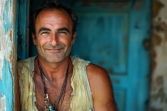 Portrait of a smiling man standing by a weathered door with a charming blue paint finish in a rustic coastal village setting