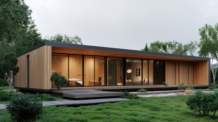 Modern modular home with wooden facade and glass walls