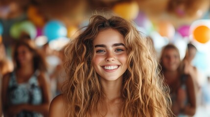 Fototapeta premium Smiling woman enjoying a festive gathering surrounded by colorful balloons