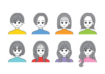 女性の顔アイコンセット（正面）【ベクターイラスト】
