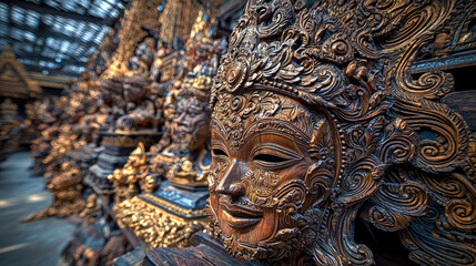 Obraz premium Intricate wooden carvings of deities displayed in a vibrant artisan workshop, showcasing craftsmanship