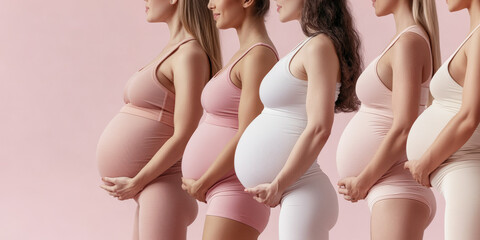 Side view group of pregnant expecting women round belly pink background. Maternity concept
