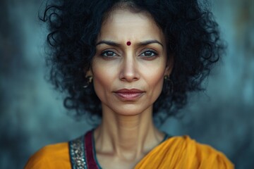 Woman with curly hair wearing sari and bindi poses confidently in a textured background at a cultural celebration