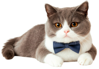 Cute British Shorthair cat with gray and white fur wearing a stylish blue bow tie, lying down on a white background, symbolizing elegance