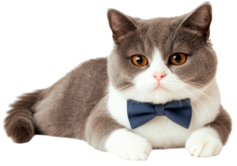 Cute British Shorthair cat with gray and white fur wearing a stylish blue bow tie, lying down on a white background, symbolizing elegance