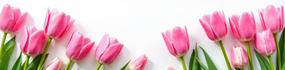 Fototapeta premium Pink tulips scattered on white, vibrant blooms , closeup, garden