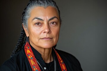 Strong expression of a woman with braided hair wearing intricate scarf in a neutral backdrop