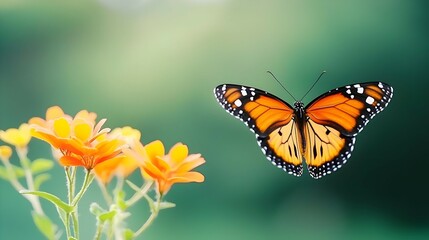 Obraz premium Monarch Butterfly Hovering Near Orange Flowers