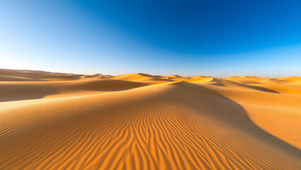 Golden Desert Landscape: Majestic Sand Dunes Under a Clear Blue Sky – Stunning Arid Nature Photography