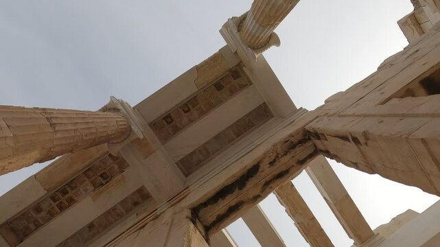 Athens Acropolis ancient Propylaea building entrance in slow motion in Greece