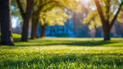 A peaceful view of a sunlit park lawn, framed by trees, offers a serene, natural landscape.