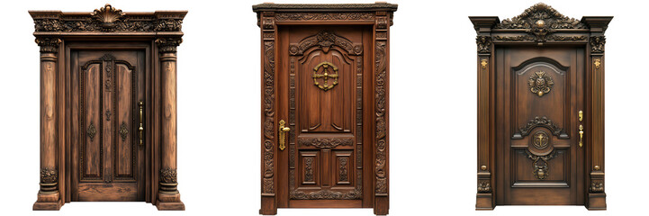 Obraz premium Ornate Wooden Doors with Intricate Designs and Decorative Details, isolated on transparent background.