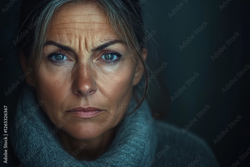 Poster woman with expressive eyes and furrowed brow poses in soft lighting, highlighting emotion and depth