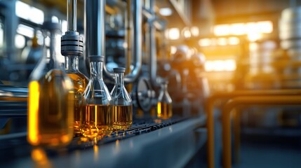 Naklejka premium Industrial Petrochemical Process in a Modern Factory Featuring Glass Bottles of Oil and Complex Machinery in a Well-Lit Environment