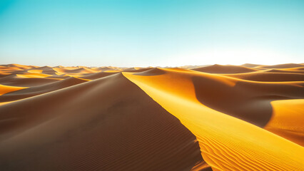 Golden Desert Landscape: Majestic Sand Dunes Under a Clear Blue Sky – Stunning Arid Nature Photography