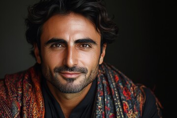 Obraz premium Warm smile of a man in traditional attire during an intimate portrait session