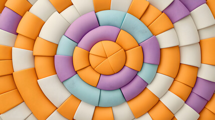 Fototapeta premium Intricate circular and square shapes create vibrant pattern in orange, purple, and blue tones, evoking sense of playfulness and creativity