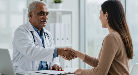 Doctor shaking hands with patient in modern medical office