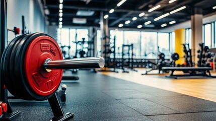 Fototapeta premium Gym weightlifting bar, modern gym background