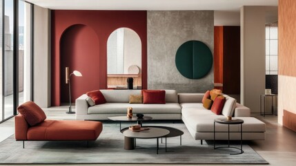 Modern sectional sofa, city view, interior design, red wall